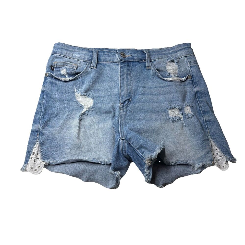 Judy Blue Distressed Denim Shorts Light Wash Eyelet Lace Side Slit Size 27 Women